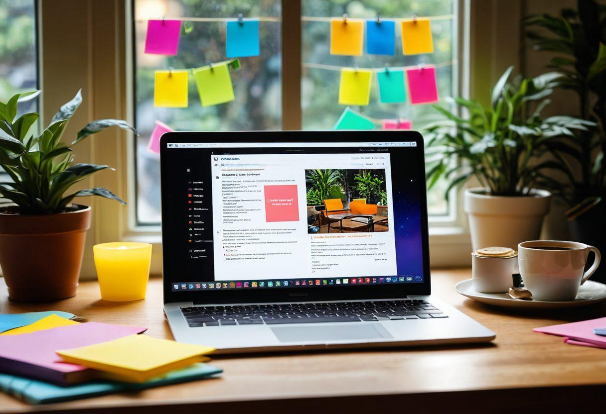 A vibrant, open laptop displaying a beautifully designed online journal on the screen, surrounded by colorful post-it notes and a steaming cup of coffee. In the background, a cozy and inviting workspace filled with plants and books, symbolizing storytelling and creativity. Soft, warm lighting enhances the motivational vibe. super-realistic. vibrant colors. cozy atmosphere.