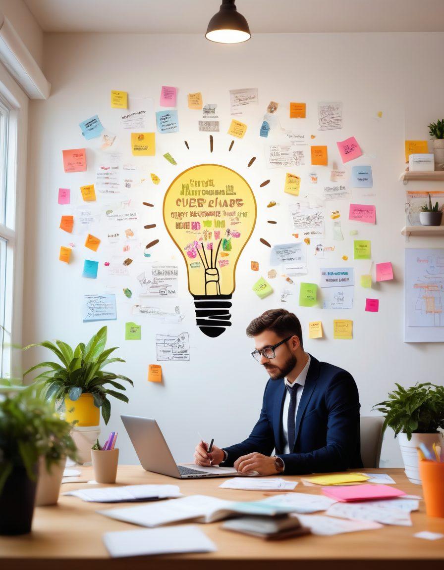 A dynamic scene depicting a creative individual surrounded by colorful sticky notes, digital devices, and books, each labeled with marketing strategies and blogging ideas. A bright light bulb symbolizes innovation above their head, with graphs and statistics floating around, illustrating growth and engagement. The background features a cozy, inspiring workspace filled with plants and motivational quotes. super-realistic. vibrant colors. white background.