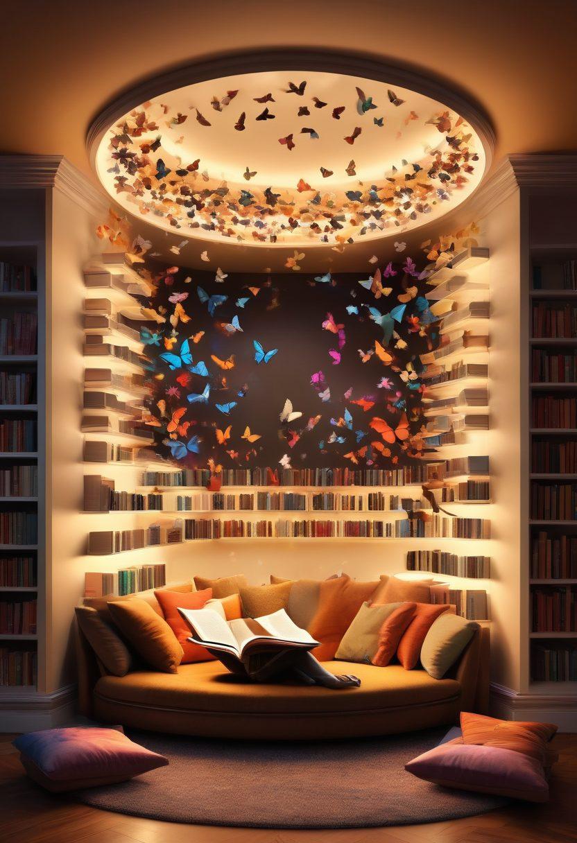 A cozy library corner with a circle of diverse readers sharing stories, surrounded by floating pages of a book that transform into colorful butterflies, symbolizing growth and engagement. Warm lighting casts a welcoming glow, inviting viewers to participate in the storytelling. The atmosphere is lively and magical, inspiring creativity. vibrant colors. cozy setting. super-realistic.